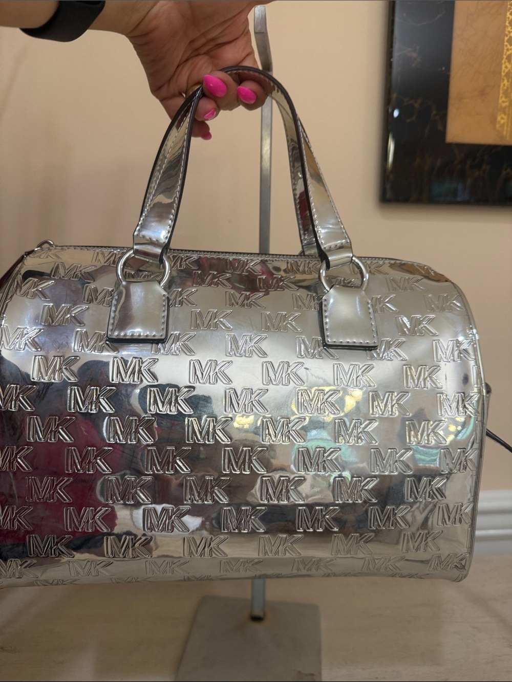 Michael Kors Mason Metallic Silver MK Monogram Satchel - Picture 6 of 10